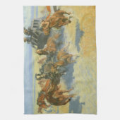 ヴィンテージカウボーイ、ニチのリーダーを倒すレミントン キッチンタオル (縦)