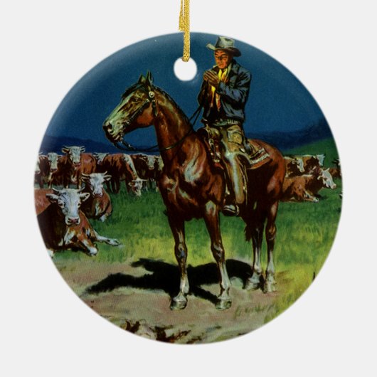 ヴィンテージカウボーイ、農場で牛を飼育する牧場主 セラミックオーナメント (裏面)