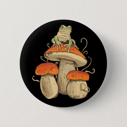 ヴィンテージカエルとマッシュルームコテージコア 缶バッジ (正面)