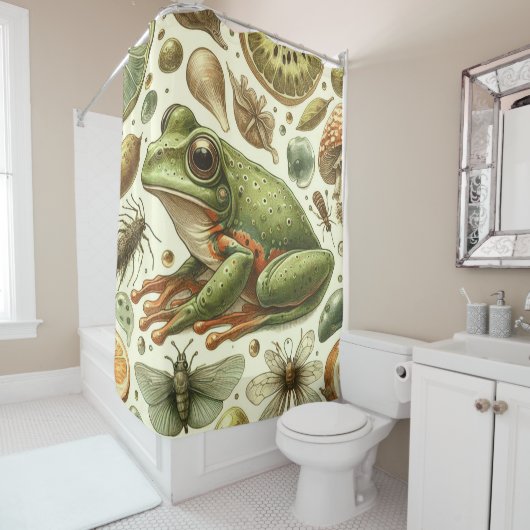 ヴィンテージカエルのシームレスな水色 シャワーカーテン (インサイチュ)