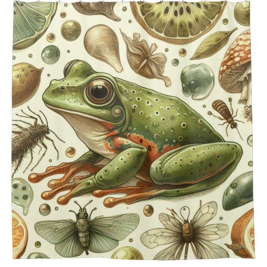 ヴィンテージカエルのシームレスな水色 シャワーカーテン (正面)