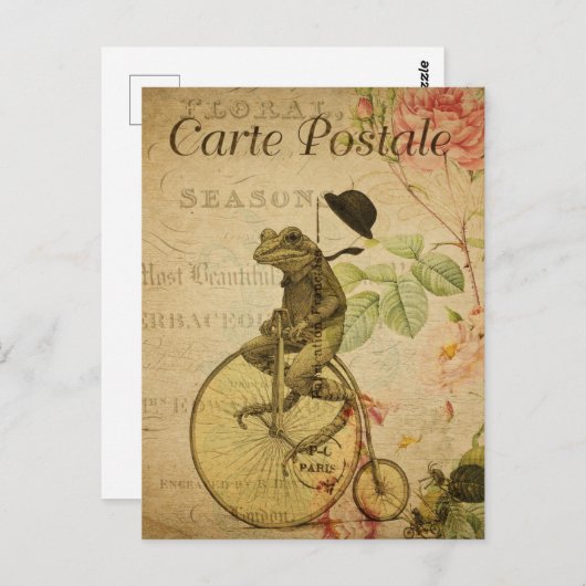 ヴィンテージカエル乗用自転車ピンクローズフランスの ポストカード (正面/裏面)