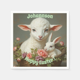 ヴィンテージカスタムイースターのパーソナライズラム&バニー スタンダードカクテルナプキン