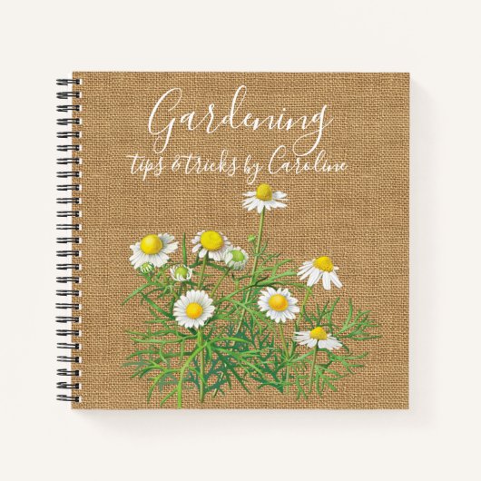 ヴィンテージカスタムカモミールの花フェイクジュートバーラップ ノートブック (正面)