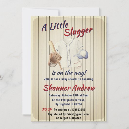 ヴィンテージカスタムスポーツ野球少年ベビーシャワー 招待状 (正面)