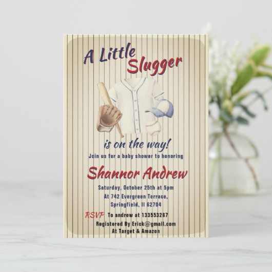 ヴィンテージカスタムスポーツ野球少年ベビーシャワー 招待状 (スタンド正面)