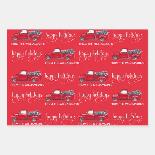 ヴィンテージカスタムハッピーホリデーズレッドクリスマストラッククリスマス ラッピングペーパーシート (正面2)