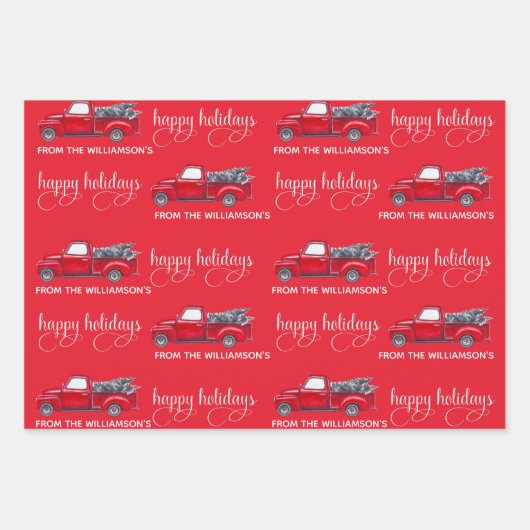 ヴィンテージカスタムハッピーホリデーズレッドクリスマストラッククリスマス ラッピングペーパーシート (正面2)