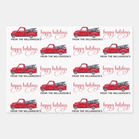 ヴィンテージカスタムハッピーホリデーズレッドクリスマストラッククリスマス ラッピングペーパーシート (正面)