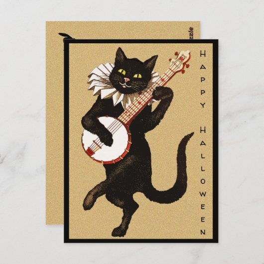ヴィンテージカスタム文字ブラックキャットバンジョハロウィーン ポストカード (正面/裏面)