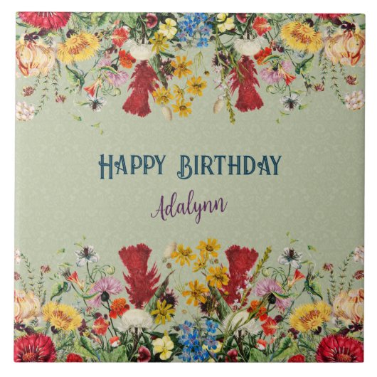 ヴィンテージカスタム花グリーティングネームパステルグリーン タイル (正面)