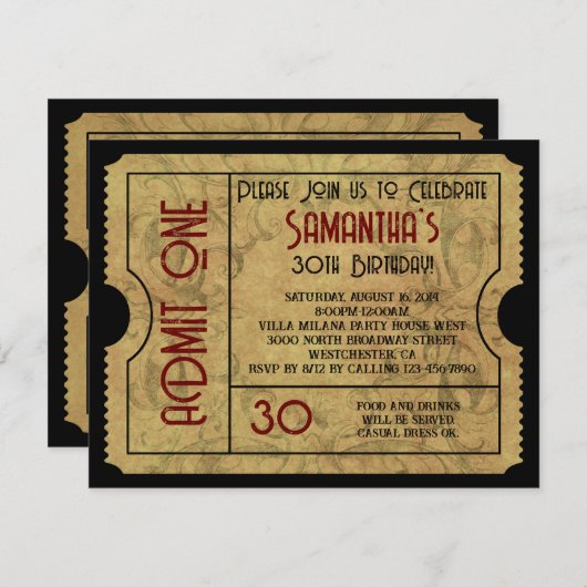 ヴィンテージカスタム金ゴールドを許可する1つのチケット招待状 招待状 (正面/裏面)