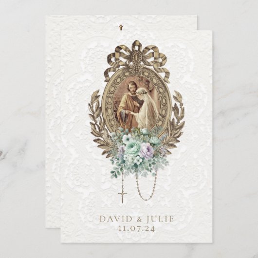ヴィンテージカソリッ結婚ク教会のミントラベンダー 招待状 (正面/裏面)