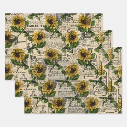 ヴィンテージカタログとひまわり ラッピングペーパーシート (セット)