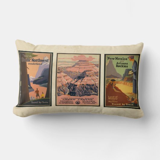 ヴィンテージカッコいいに3つの古い旅行ポスターを日焼け ランバークッション (正面)