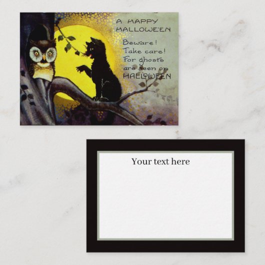 ヴィンテージカッコいいハロウィンホリデーブラックキャットフクロウ ノートカード (正面/裏面)