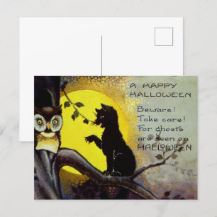 ヴィンテージカッコいいハロウィーン黒猫フクロウ シーズンポストカード