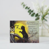 ヴィンテージカッコいいハロウィーン黒猫フクロウ シーズンポストカード (スタンド正面)