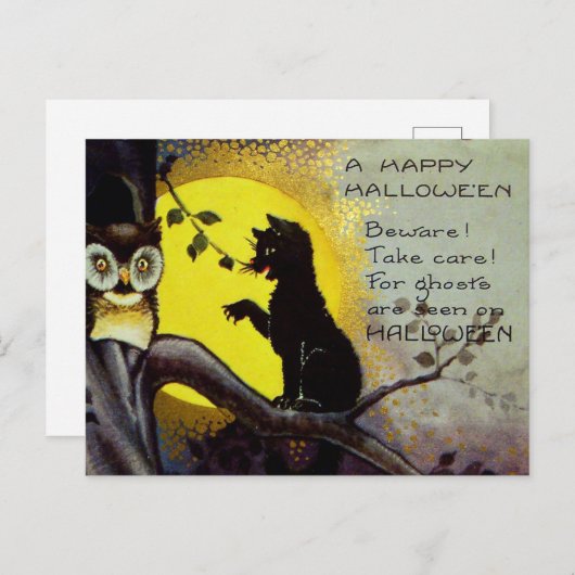 ヴィンテージカッコいいハロウィーン黒猫フクロウ シーズンポストカード (正面/裏面)