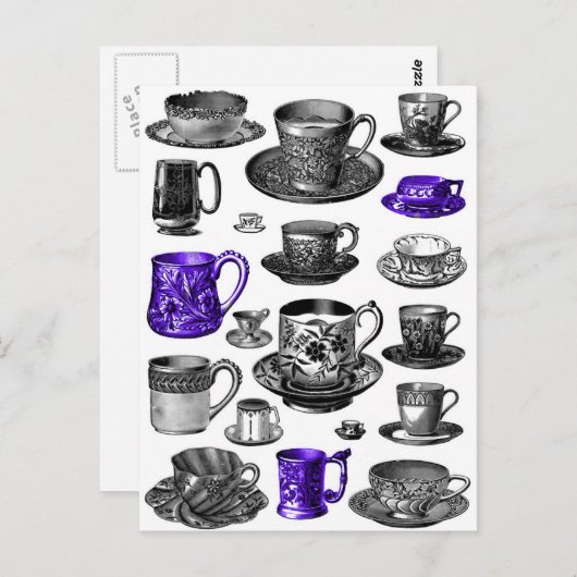 ヴィンテージカップとソーサーズブルー ポストカード (正面/裏面)