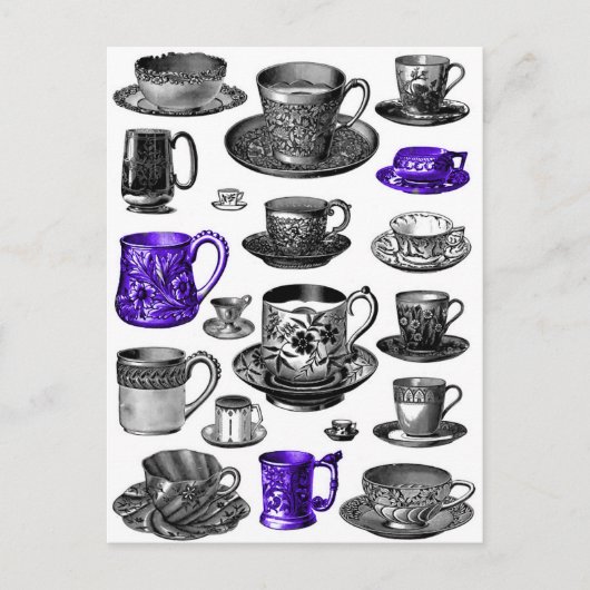 ヴィンテージカップとソーサーズブルー ポストカード (正面)