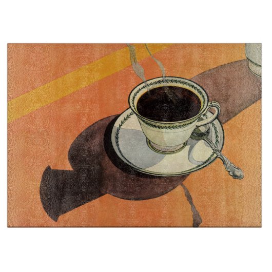 ヴィンテージカップのコーヒー、ソーサー、スプーン、レトロダイナー カッティングボード (正面)