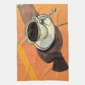 ヴィンテージカップのコーヒー、ソーサー、スプーン、レトロダイナー キッチンタオル (縦)