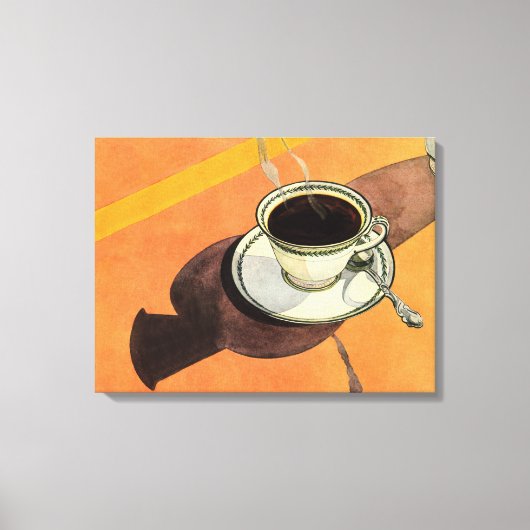 ヴィンテージカップのコーヒー、ソーサー、スプーン、レトロダイナー キャンバスプリント (正面)