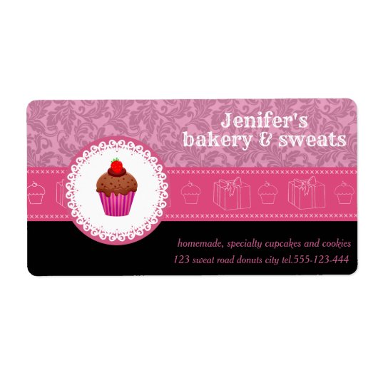 ヴィンテージカップケーキとクッキーのダマスクピンク ラベル (正面)