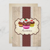 ヴィンテージカップケーキ,チョコレートバースデーパーティー 招待状 (正面/裏面)