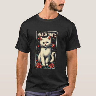 ヴィンテージカップルかわいい猫好きハッピーバレンタインデー Tシャツ
