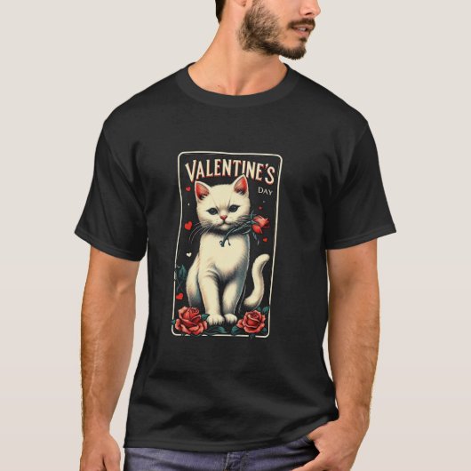 ヴィンテージカップルかわいい猫好きハッピーバレンタインデー Tシャツ (正面)