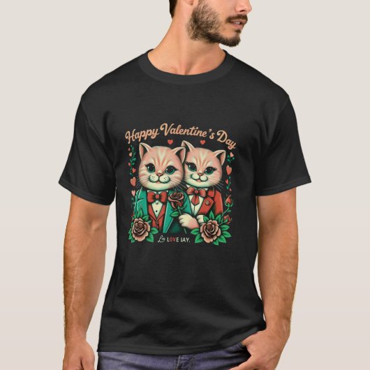 ヴィンテージカップルかわいい猫好きハッピーバレンタインデー Tシャツ (正面)