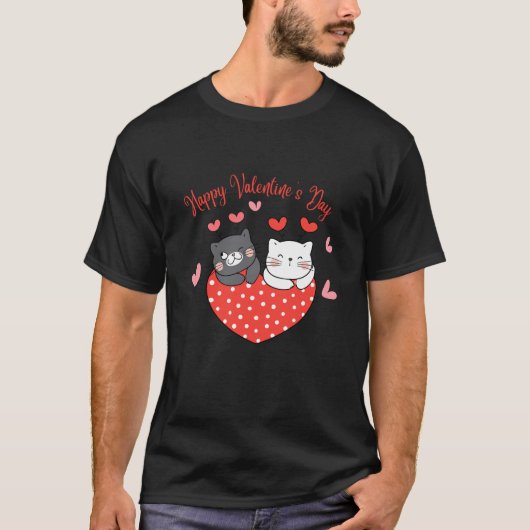 ヴィンテージカップルかわいい猫好きハッピーバレンタインデー Tシャツ (正面)