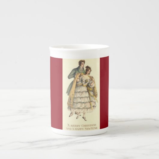 ヴィンテージカップルビクトリアンクリスマス中国マグカップ ボーンチャイナマグカップ (正面)