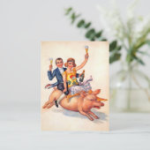 ヴィンテージカップル乗り豚はがき ポストカード (スタンド正面)