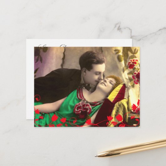 ヴィンテージカップル日付テンプレートの保存 案内ポストカード (正面/裏面インサイチュ)