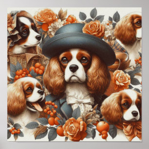 ヴィンテージカバリヤキングチャールズスパニエル犬絵画ズ ポスター