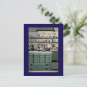 ヴィンテージカフェ コーヒーショップ 青 緑 個人用 ポストカード (スタンド正面)