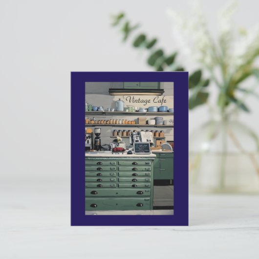 ヴィンテージカフェ コーヒーショップ 青 緑 個人用 ポストカード (スタンド正面)