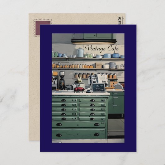 ヴィンテージカフェ コーヒーショップ 青 緑 個人用 ポストカード (正面/裏面)