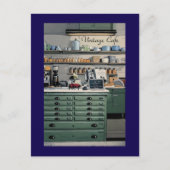 ヴィンテージカフェ コーヒーショップ 青 緑 個人用 ポストカード (正面)
