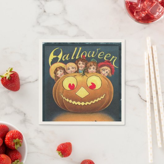 ヴィンテージカボチャに隠れるハロウィーンの子ども スタンダードカクテルナプキン (インサイチュ)
