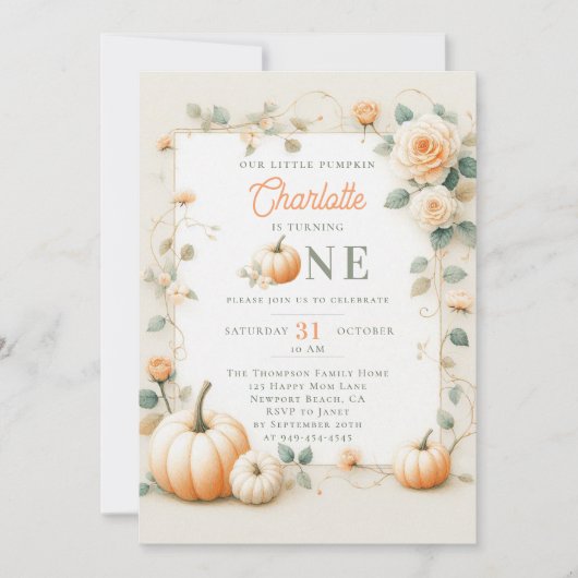 ヴィンテージカボチャバラガーリーフレーム1st誕生日 招待状 (正面)