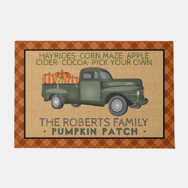 ヴィンテージカボチャパッチファーム素朴秋プレイド ドアマット (正面)