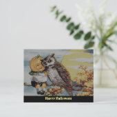 ヴィンテージカボチャ少年とハローウィーンハガキのフクロウ ポストカード (スタンド正面)
