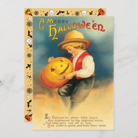ヴィンテージカボチャ彫刻ハロウィーン 招待状 (正面/裏面)