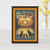ヴィンテージカボチャ頭と黒猫ハロウィンカード カード (黄色い花)