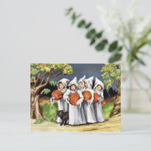 ヴィンテージカボチャ黒猫キッズハロウィーンハガキ シーズンポストカード (スタンド正面)