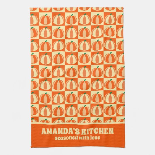 ヴィンテージカボプキンオレンジタータンチェック格子感謝祭 キッチンタオル (縦)
